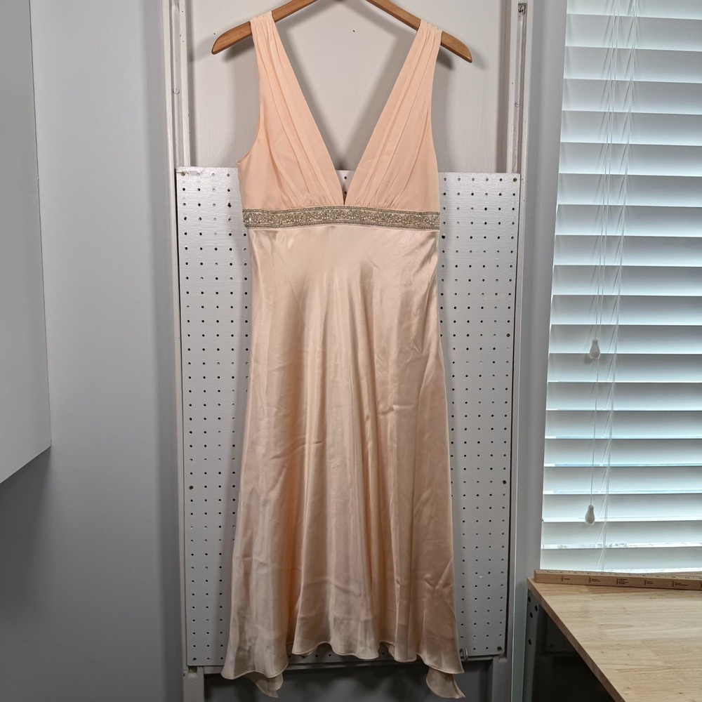 Bcbg Paris Midi Dress Women's Peach Embroidered Band V-Neck Evening Gown 10 Y2K